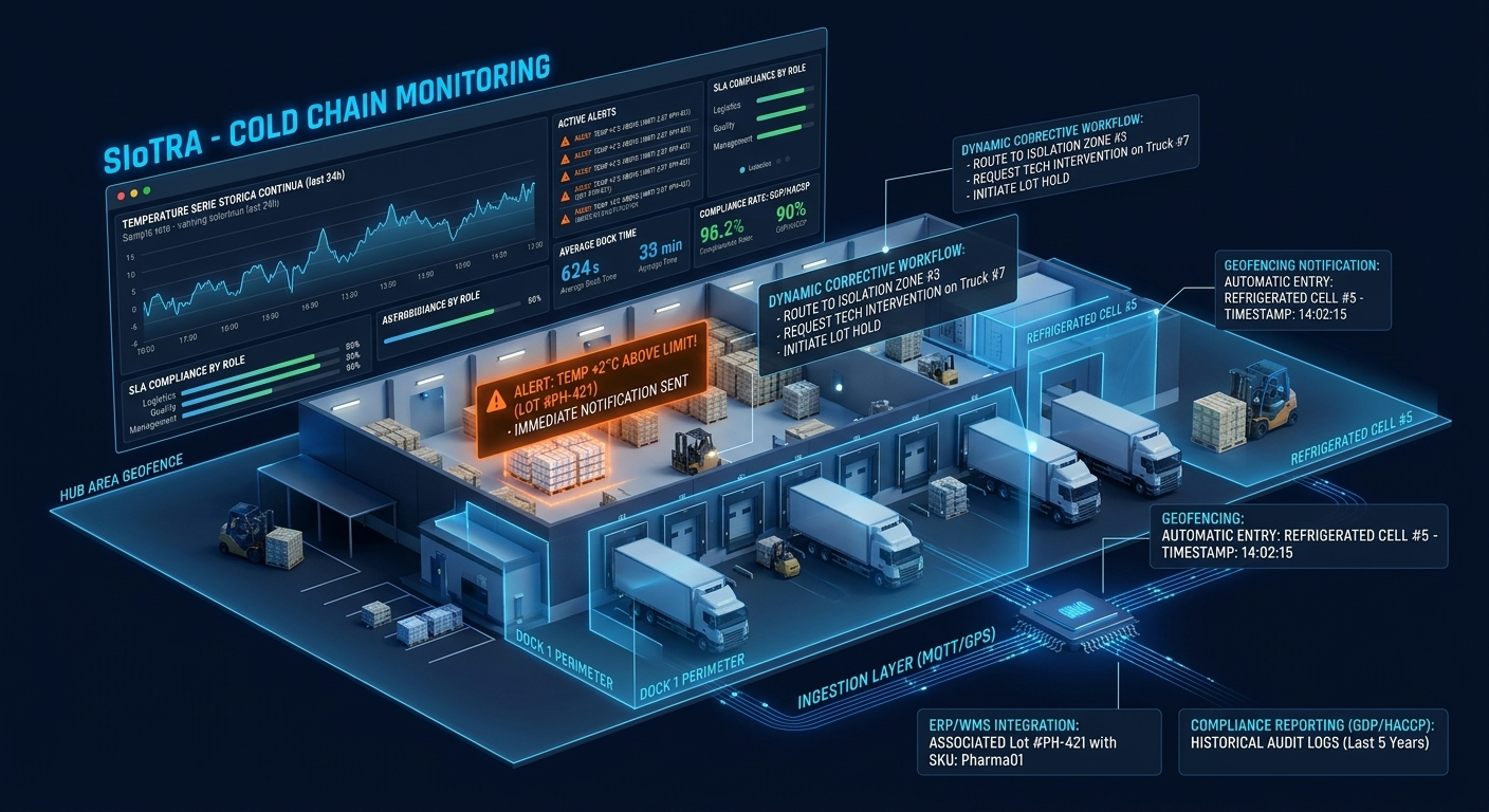 Magazzino refrigerato visto dall'alto con banchine, camion frigo e celle: sopra, il pannello SIoTRA Cold Chain Monitoring con la serie storica della temperatura, gli allarmi attivi e la conformità per ruolo. Un allarme segnala la temperatura oltre il limite di 2 °C su un lotto e fa partire la notifica; intorno, geofence su hub e celle frigo, integrazione ERP/WMS e report di conformità GDP/HACCP.