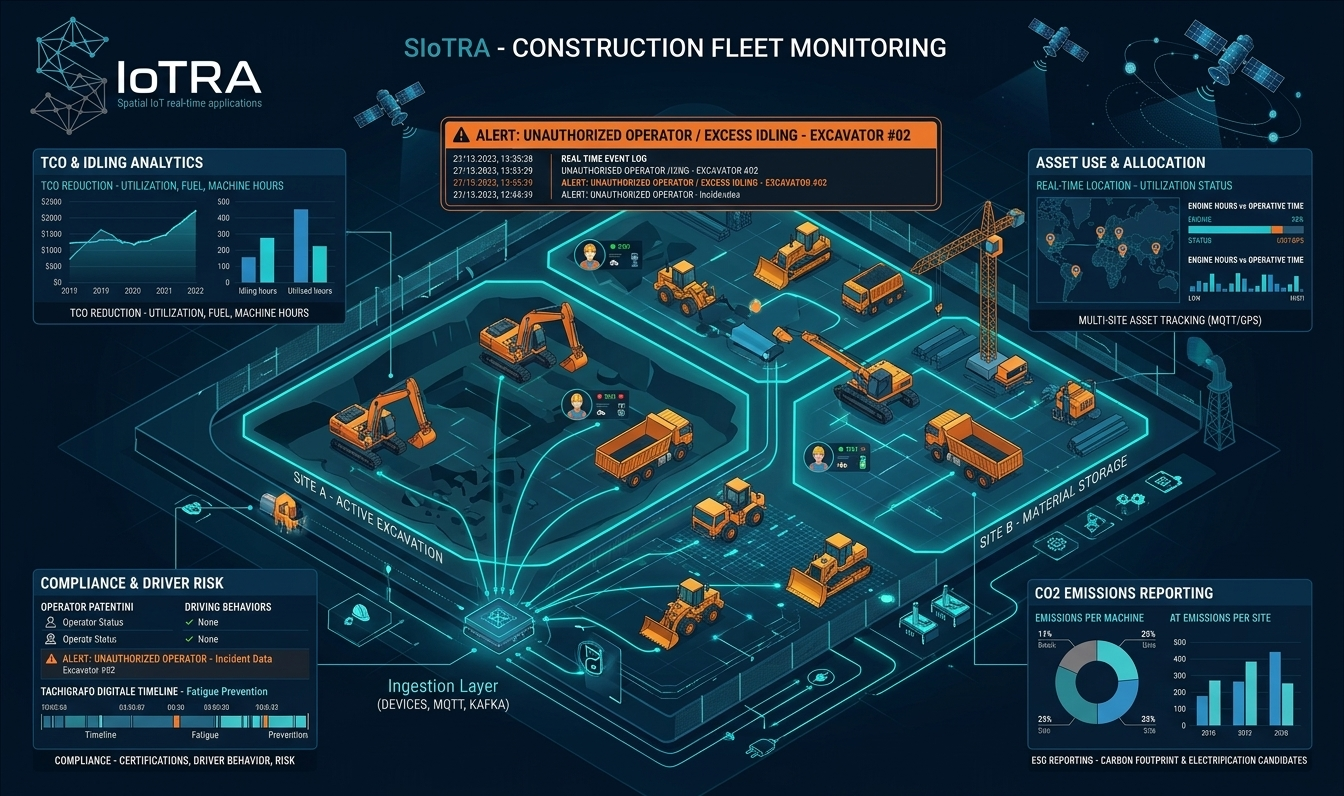 Due cantieri visti dall'alto, uno in scavo e uno di stoccaggio, con escavatori, pale, camion e gru collegati a un livello di acquisizione dati. Intorno, i pannelli SIoTRA con analisi dei costi e dei tempi di inattività, uso e allocazione degli asset, conformità e rischio del conducente, report delle emissioni di CO2; in alto un allarme per operatore non autorizzato ed eccesso di inattività su un escavatore.