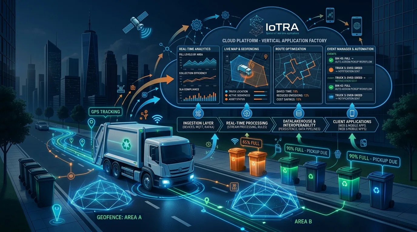 Illustrazione Waste Management: un compattatore percorre il giro di raccolta tra cassonetti sensorizzati che segnalano il livello di riempimento e due aree delimitate da geofence; i dati salgono alla piattaforma SIoTRA — ingestion, elaborazione in tempo reale, datalakehouse e applicazioni client — che mostra analisi, mappa live, ottimizzazione dei percorsi e gestione automatica degli eventi.